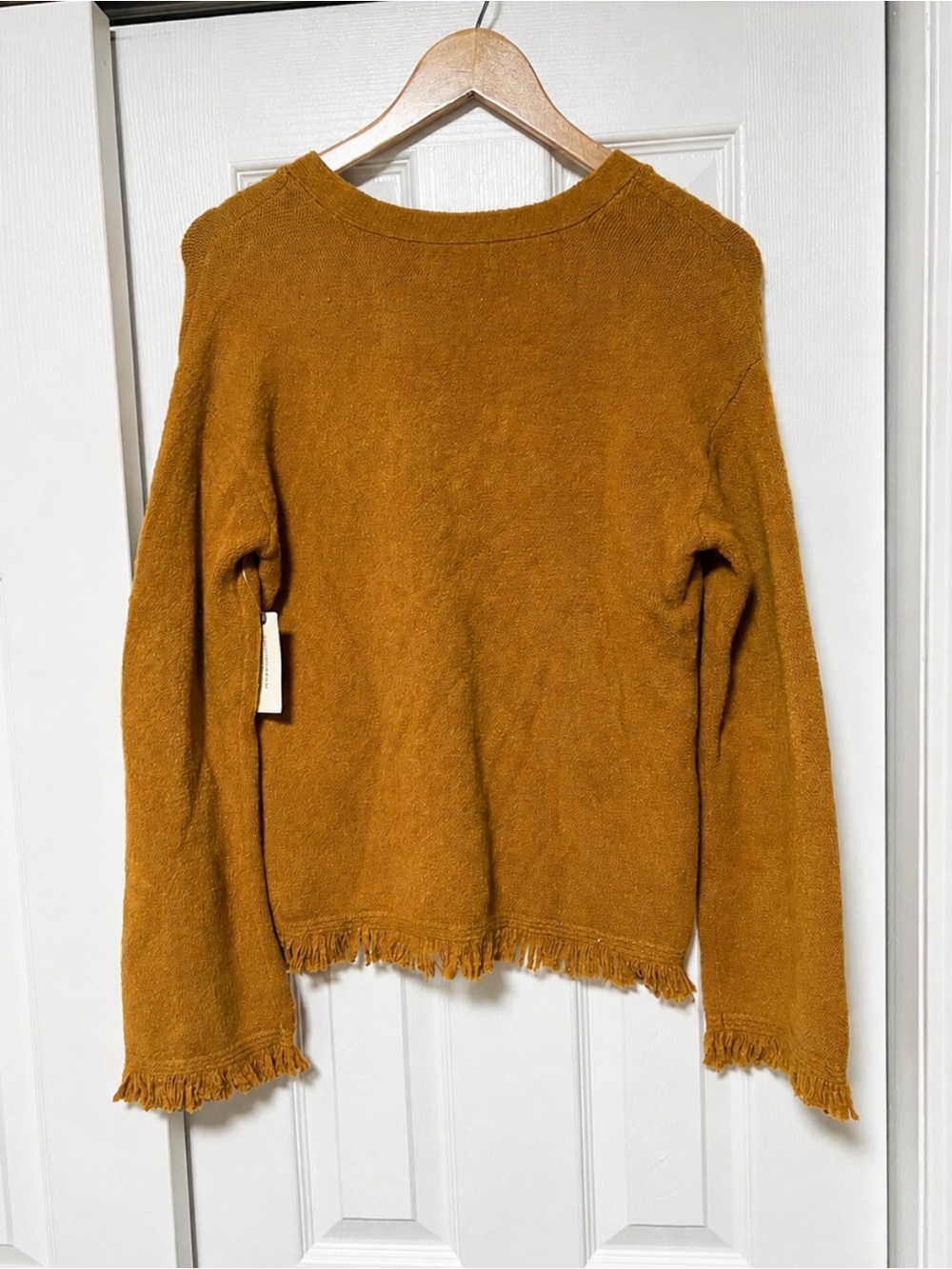NWT Anthropologie Joy Fringe V-Neck Sweater Mustard Yellow Size Small - Picture 3 of 7